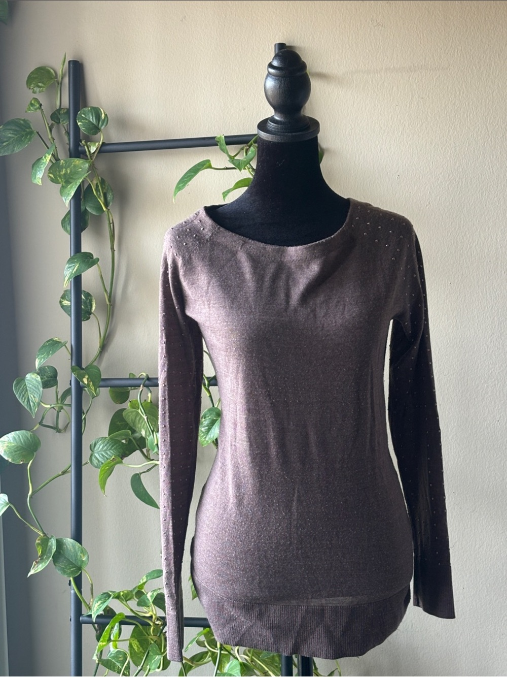 LOFT Brown Long-Sleeve Studded Sweater